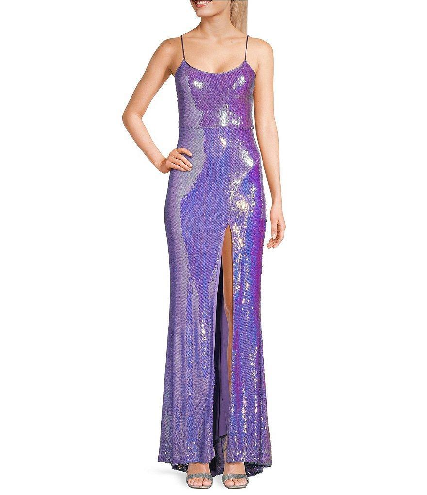 Midnight Doll Iridescent Sequin Scoop Neck Side Slit Long Dress Product Image