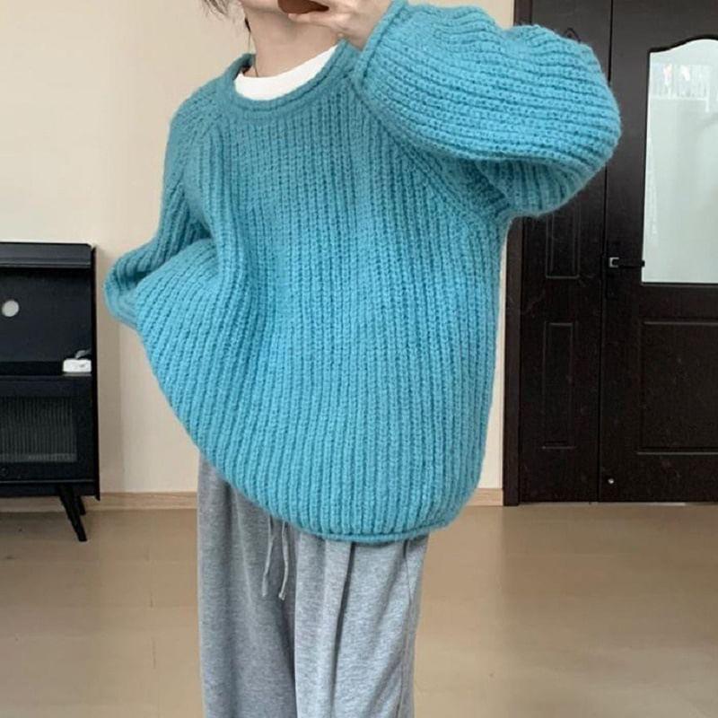 Crew Neck Plain Chunky Knit Sweater Product Image