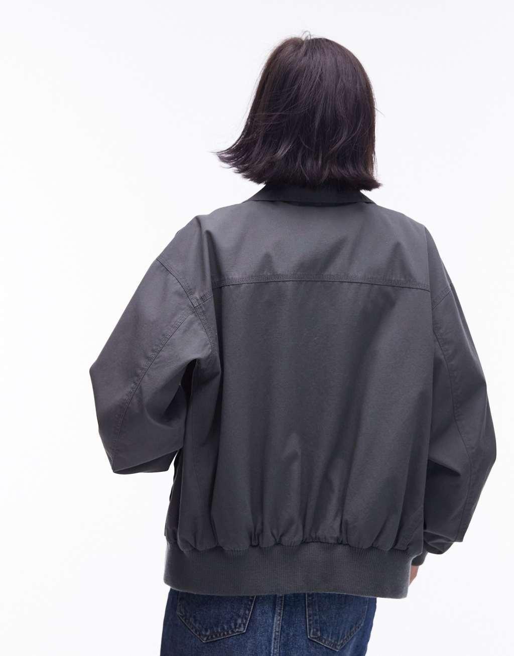 Topshop oversized washed cotton bomber jacket in charcoal Product Image