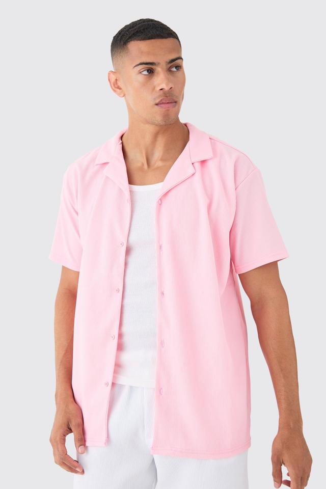 Mens Pink Short Sleeve Ribbed Oversized Shirt, Pink Product Image