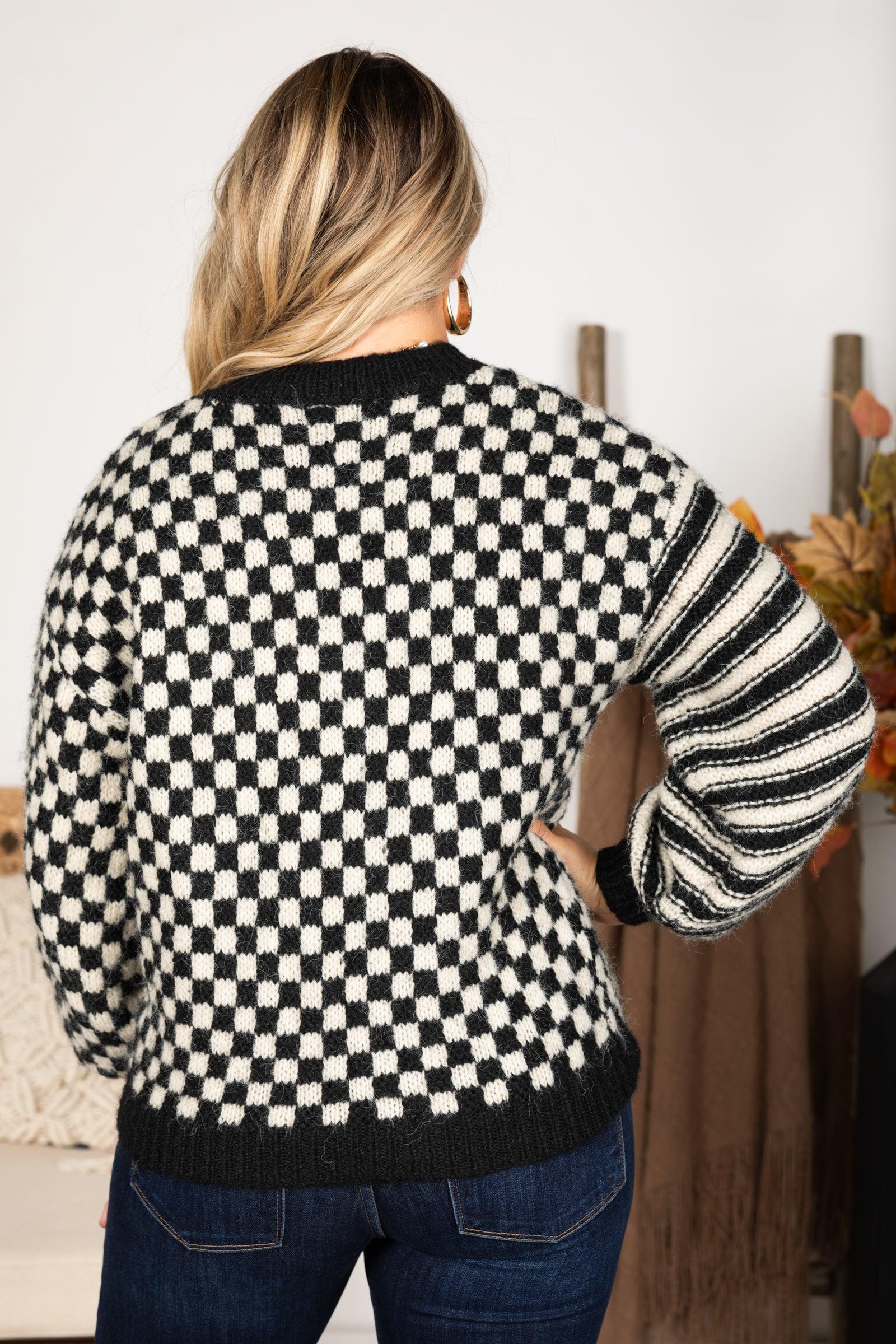 Black Stripe And Checkered Knit Sweater Product Image