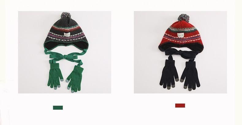 Color Block Applique Pom Pom Knit Beanie with Gloves Product Image