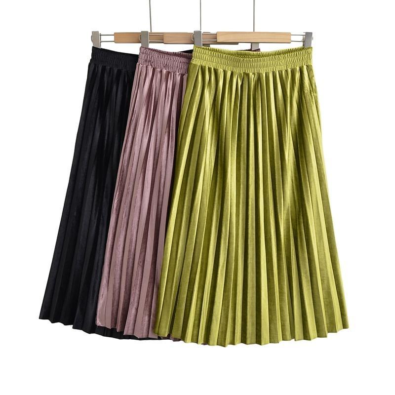 High Waist Plain Accordion Pleated Midi A-Line Skirt Product Image