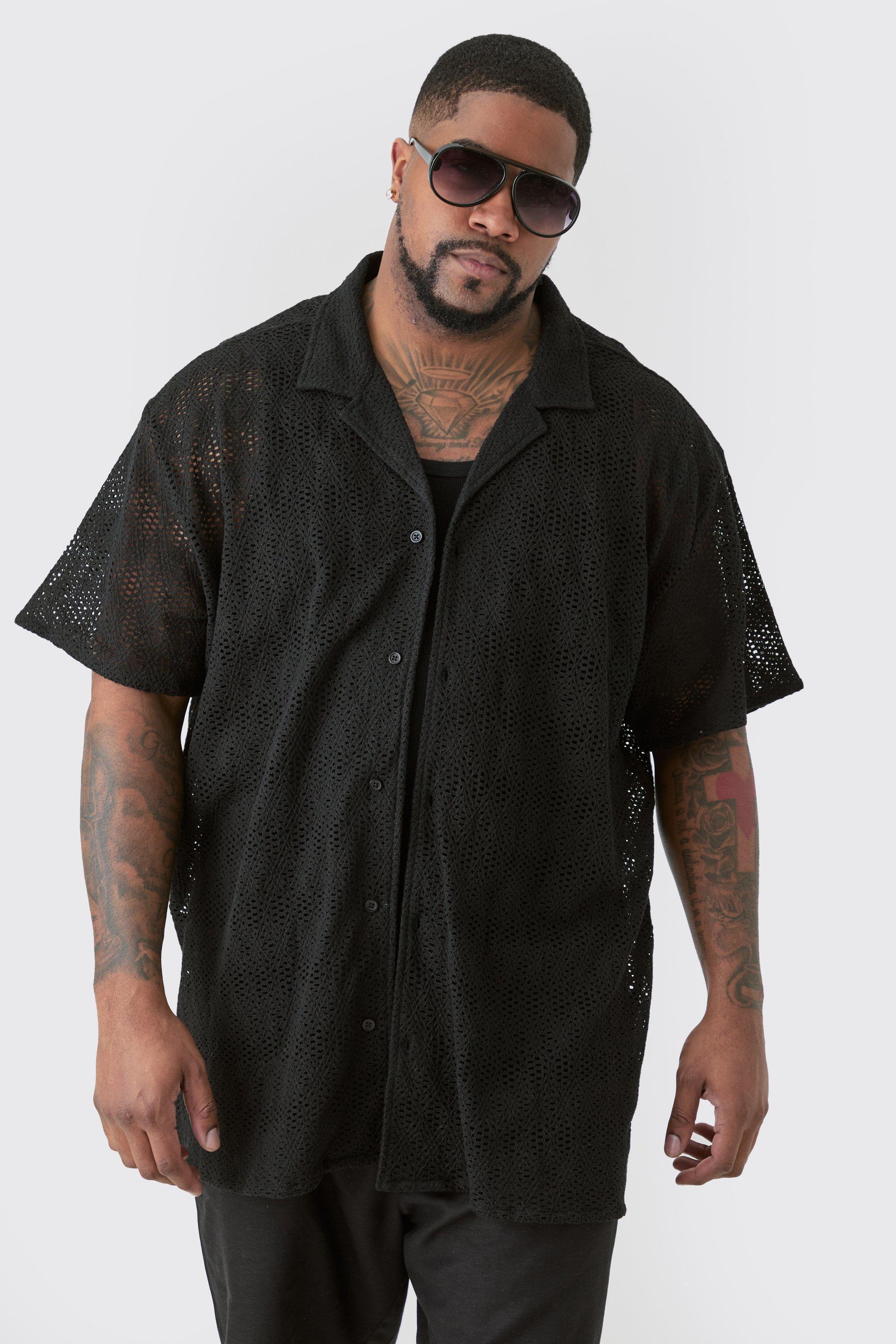 Mens Black Plus Short Sleeve Oversized Revere Open Weave Shirt, Black Product Image