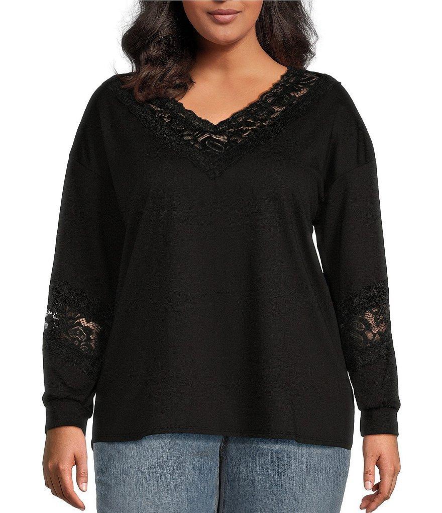 Moa Moa Plus Long Sleeve Lace-Trimmed T-Shirt Product Image