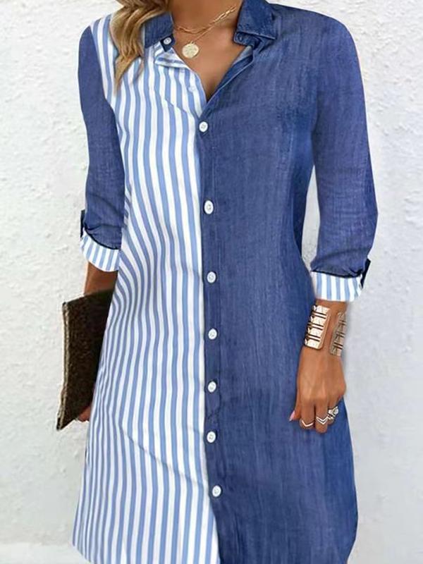 Long Sleeves Loose Asymmetric Split-Joint Striped Lapel Mini Dresses Shirt Dress Product Image