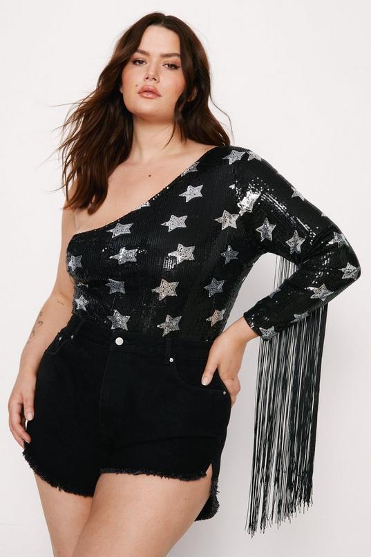 Plus Size One Shoulder Star Sequin Fringe Bodysuit Product Image