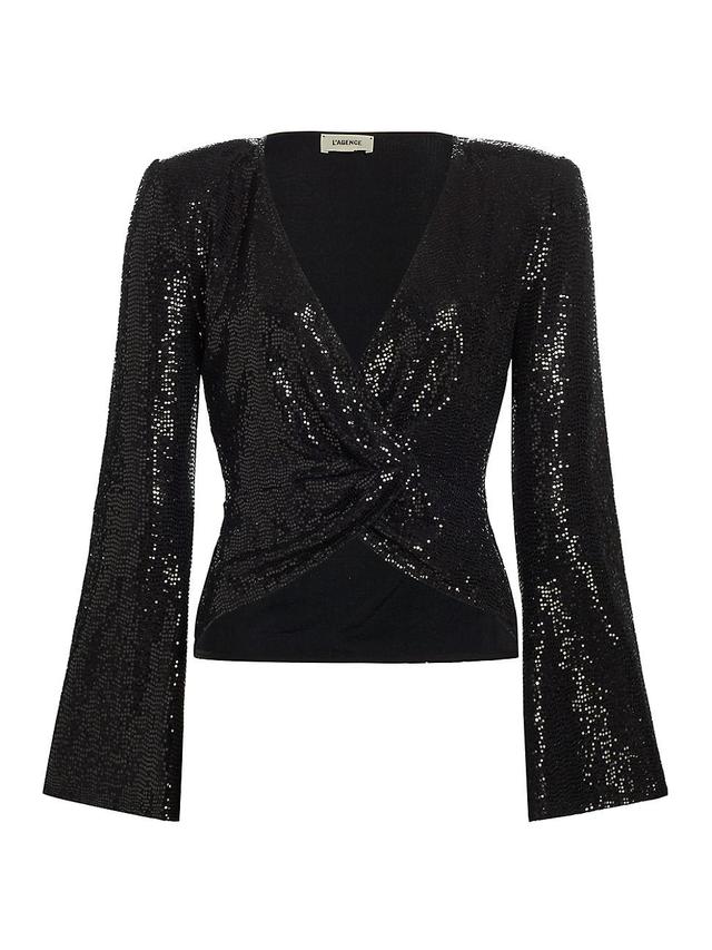 Womens Katya Bell-Sleeve Sequin Wrap-Effect Top Product Image