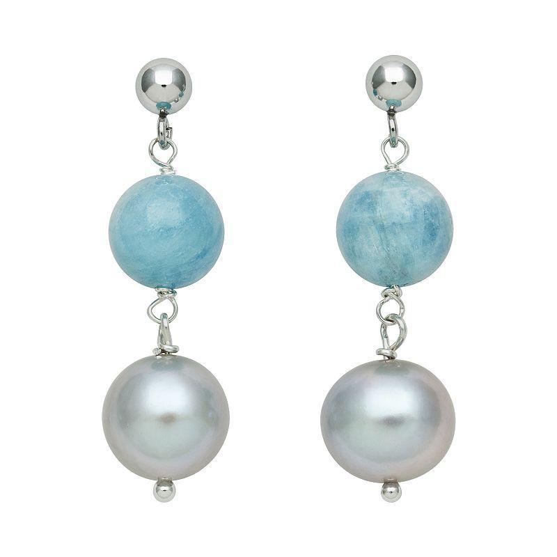 Sterling Silver Dyed Freshwater Cultured Pearl and Aquamarine Bead Linear Drop Earrings, Womens, Multicolor Product Image