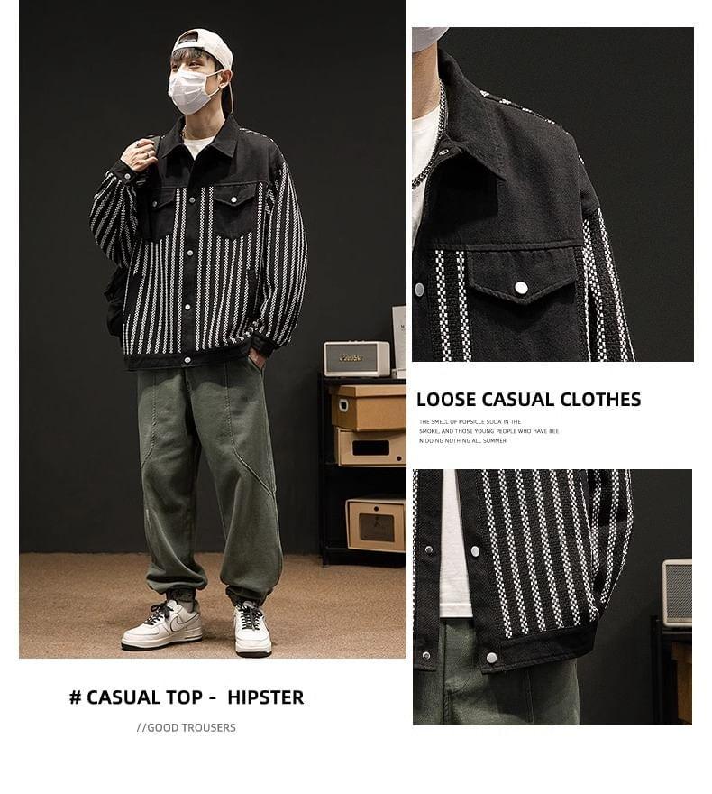 Collared Striped Panel Button Jacket Product Image