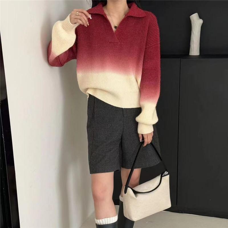 Long-Sleeve Polo-Neck Ombre Sweater Product Image