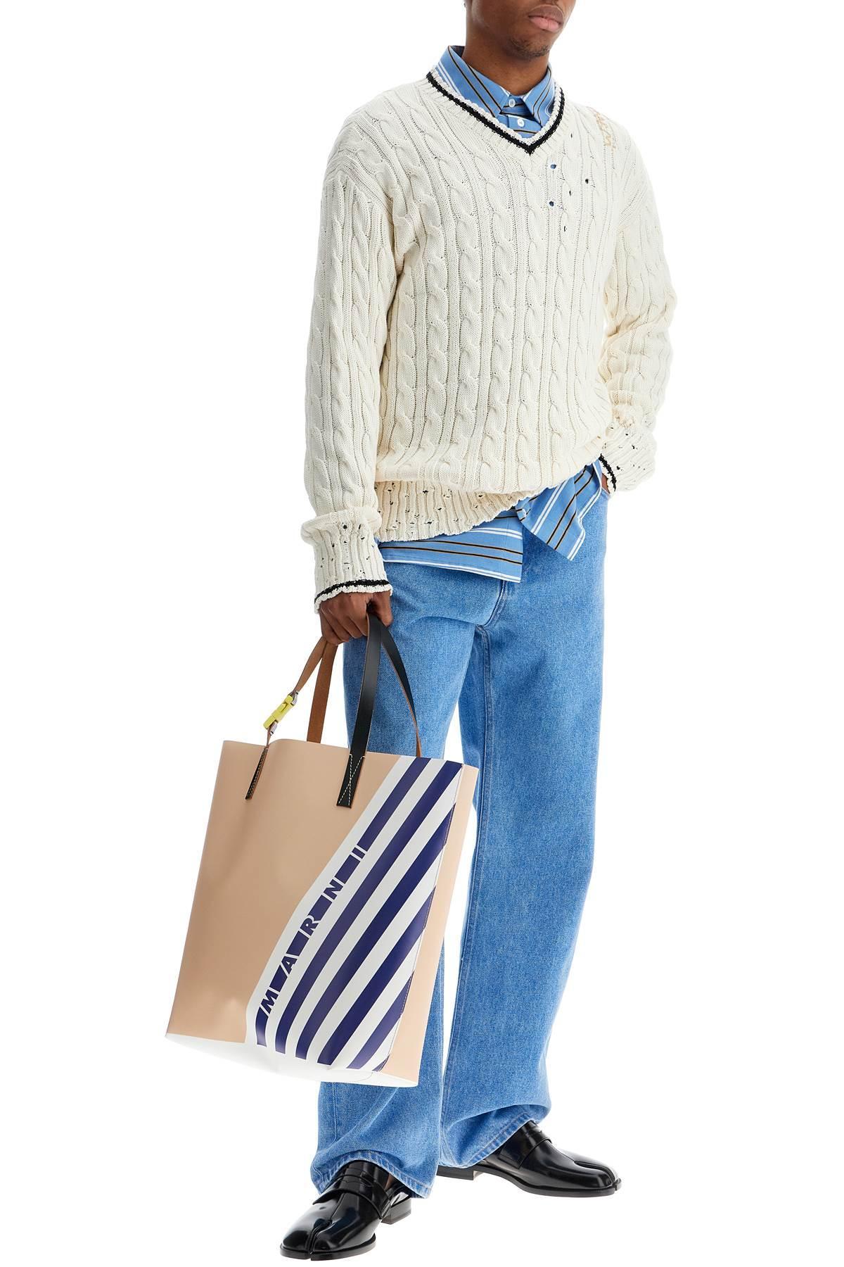 MARNI Light Blue Cotton Turtleneck Polo With Horizontal Stripes Product Image