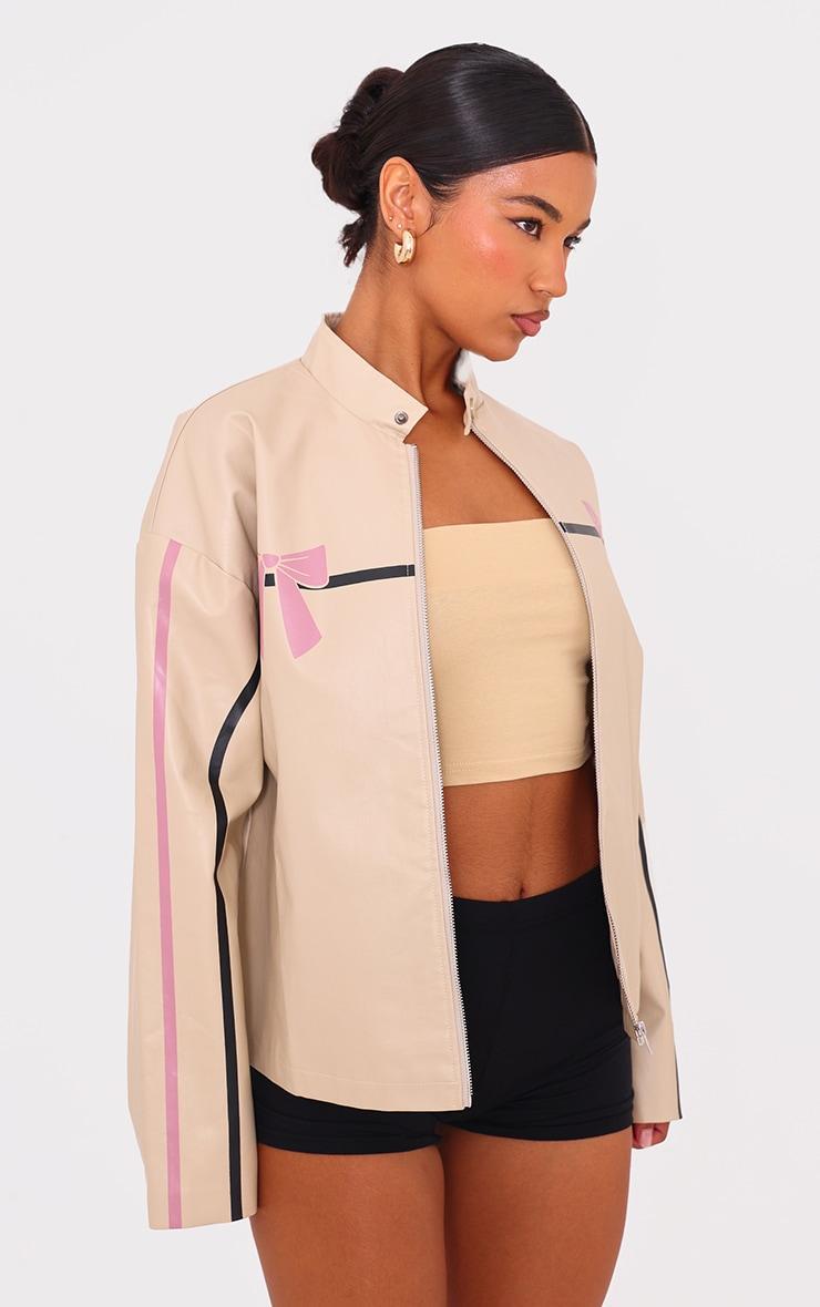 Cream Faux Leather Bow Print Detail Jacket Product Image