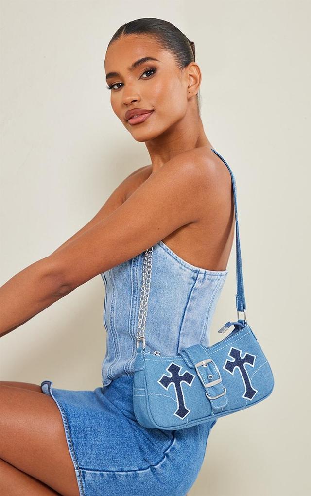 Denim Contrast Stitch Cross Applique Buckle Shoulder Bag Product Image