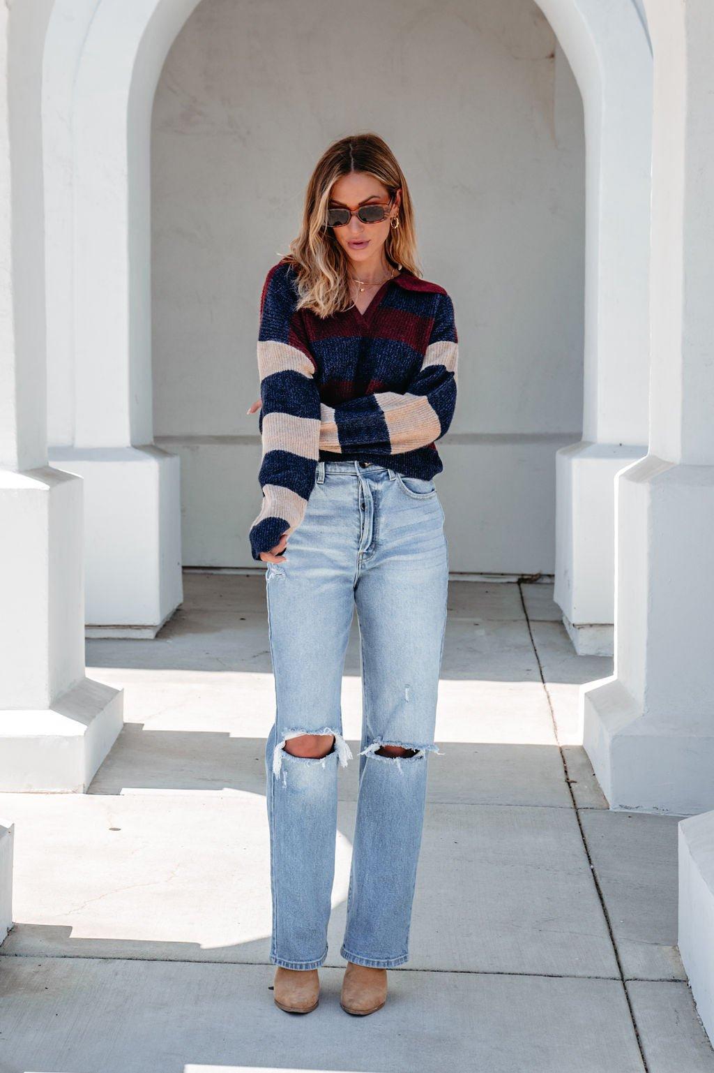 Burgundy Multi Striped Pullover Sweater Product Image