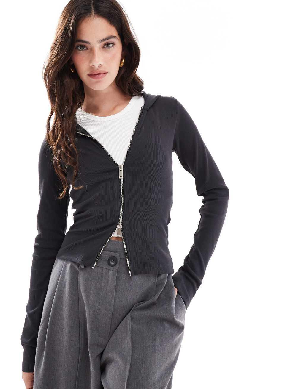 JJXX two way zip hooded long sleeve top in washed dark gray Product Image