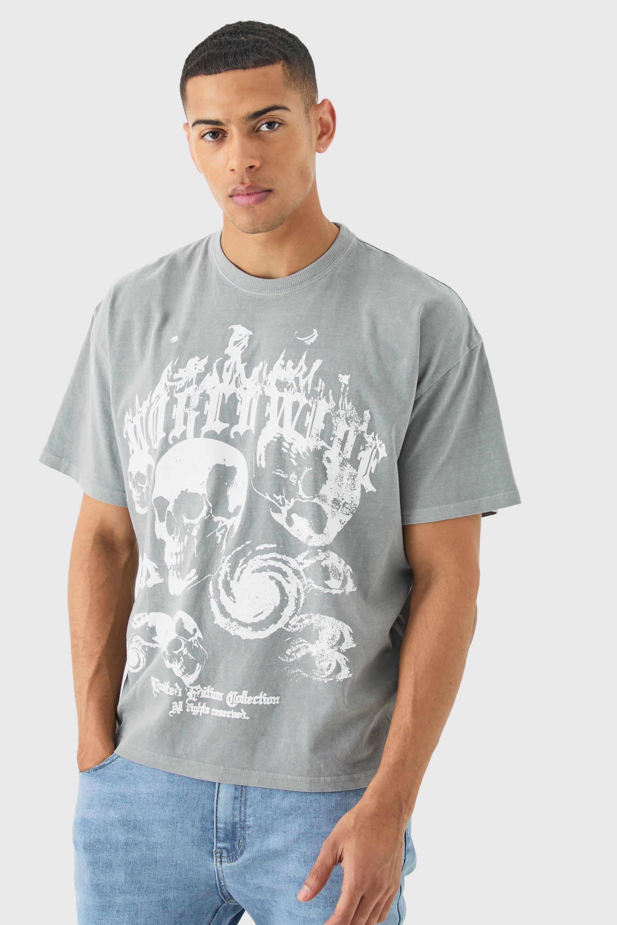 Oversized Boxy Overdye Skull Graphic T-shirt | boohooMAN USA Product Image