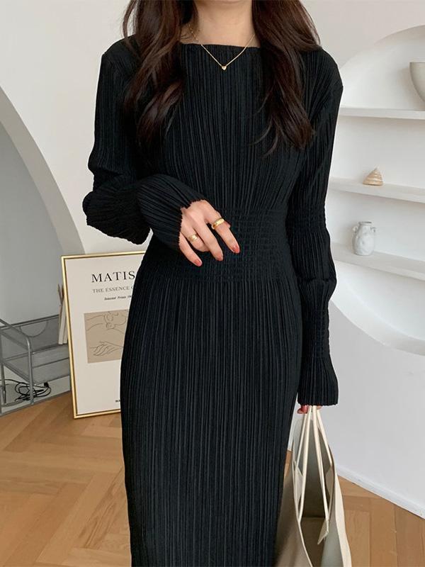 Simple Long Sleeves Black Split-Joint Elasticity Waist Pleated Midi Dress Product Image