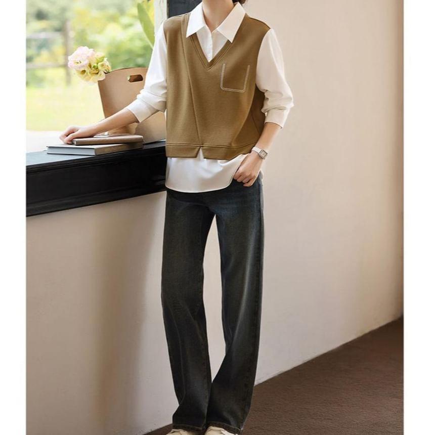 Mock Two-Piece Long-Sleeve Two Tone Knit Shirt Product Image