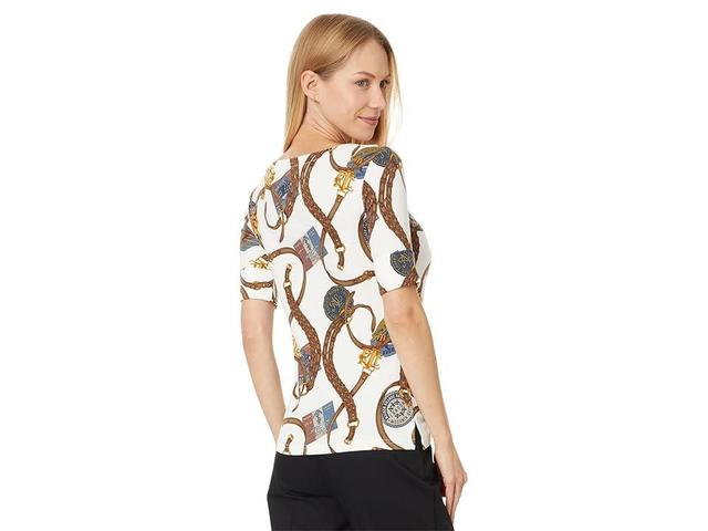 Lauren Ralph Lauren Print Stretch Cotton Boatneck Tee (Cream ) Women's Clothing Product Image