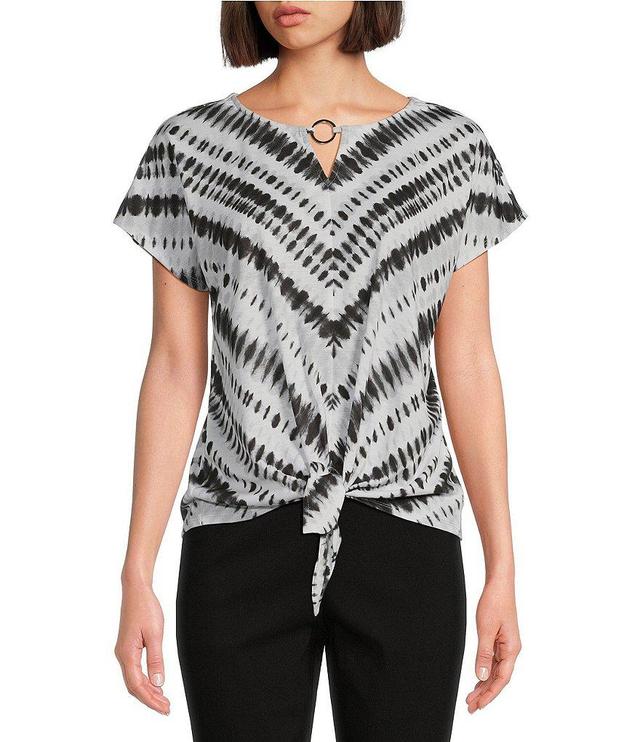 Allison Daley Petite Size Tie Dye Stripe Print Cap Sleeve Keyhole Neck Tie Front Knit Top Product Image