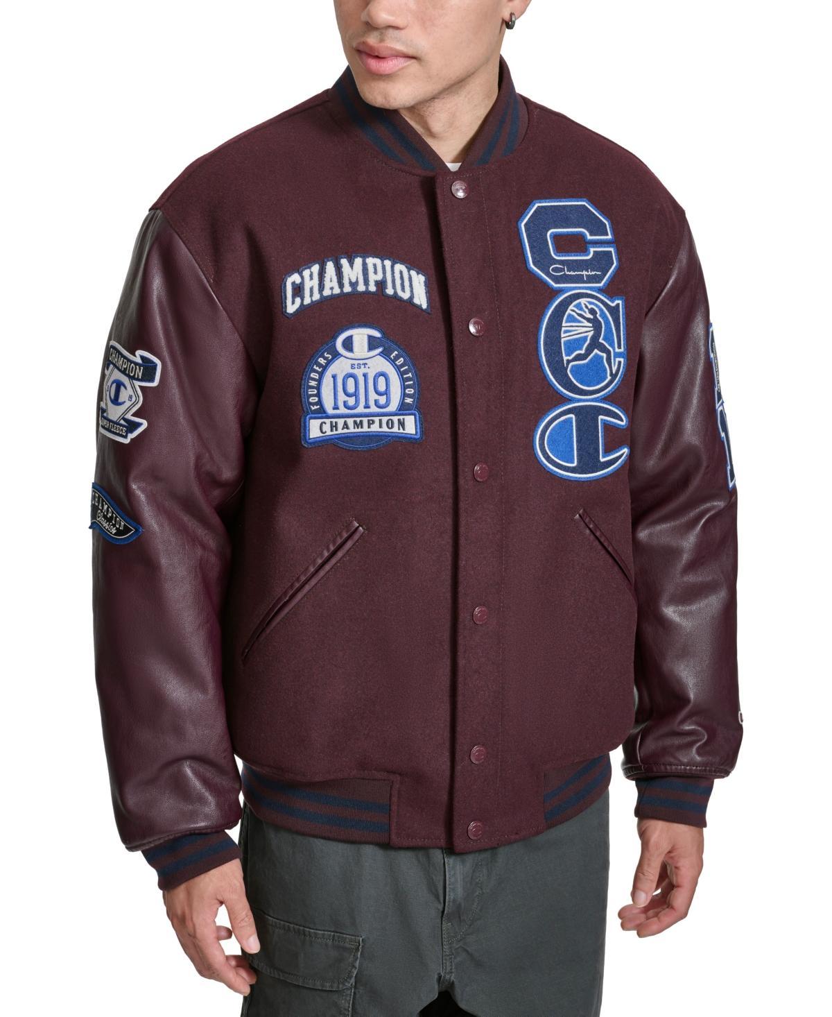 Champion Mens Logo-Patch Mixed-Media Varsity Jacket Product Image