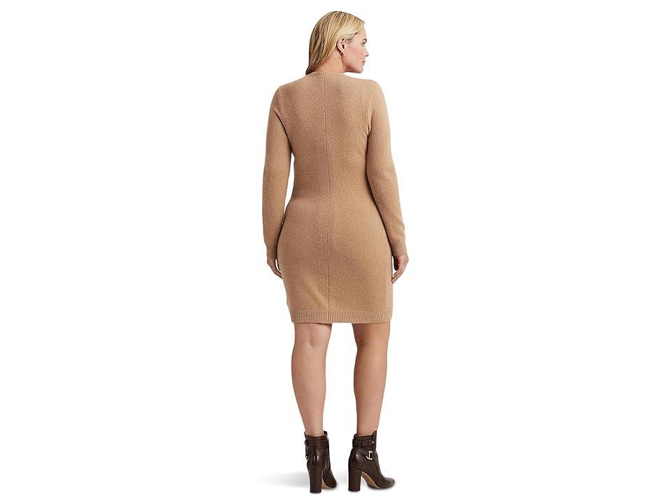 Lauren Ralph Lauren Plus Size Faux Leather Trim Wool Cashmere Dress (Classic Camel) Women's Sweater Product Image