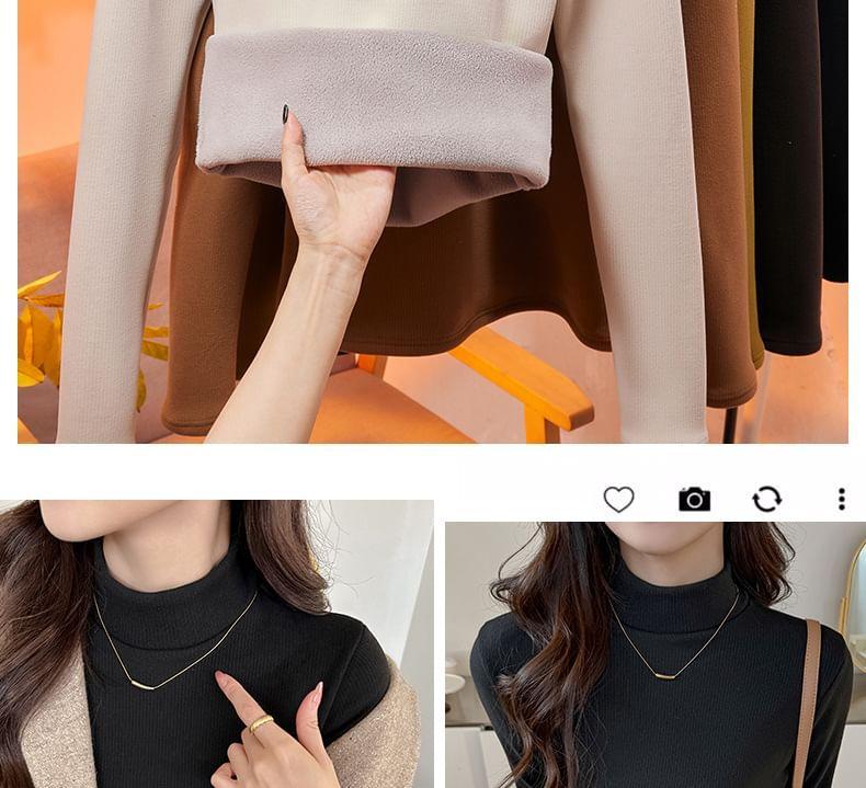 Long-Sleeve Mock Neck Plain Fleece-Lined Tee Product Image