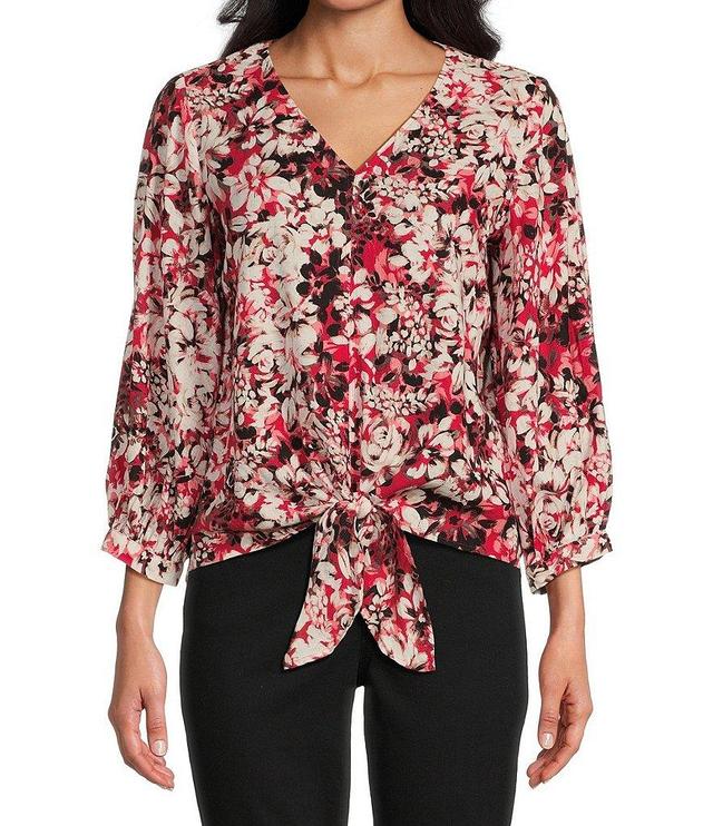 Westbound Petite Size Botanic Floral Print Woven 3/4 Sleeve V-Neck Tie Front Top Product Image