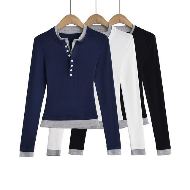 Mock Two-Piece Long-Sleeve Two-Tone Henley Tee Product Image