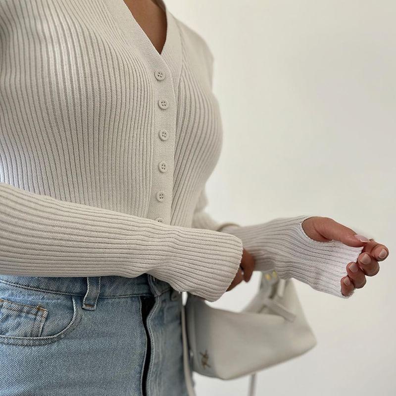 Long-Sleeve V-Neck Plain Ribbed Button Crop Knit Top Product Image