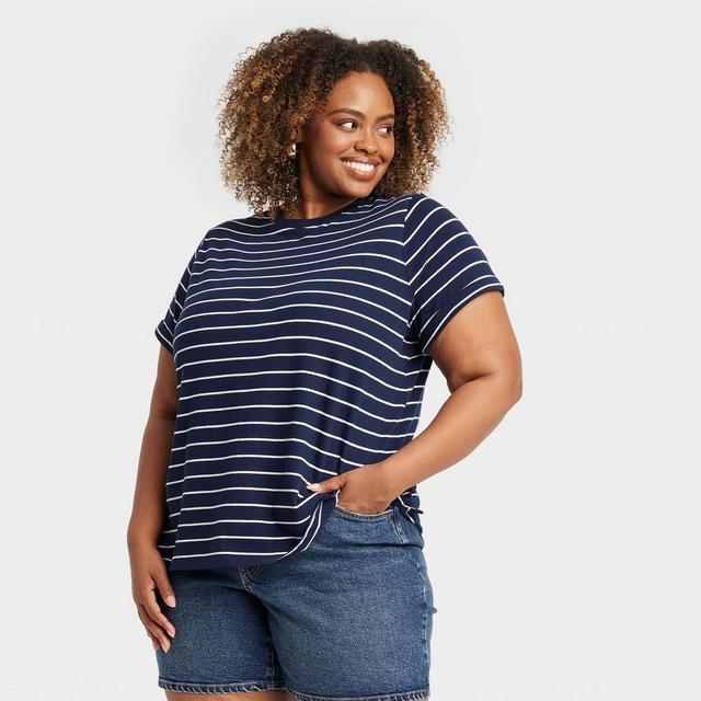 Womens Short Sleeve Rolled Cuff T-Shirt - Ava & Viv Navy Blue Striped XXL Product Image