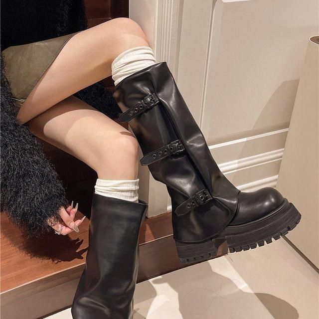 Platform Buckled Panel Knee High Boots Product Image