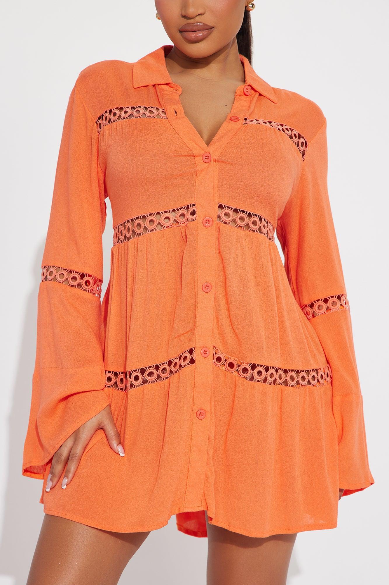 Breezy Paradise Linen Circle Cover Up Shirt Dress - Orange Product Image