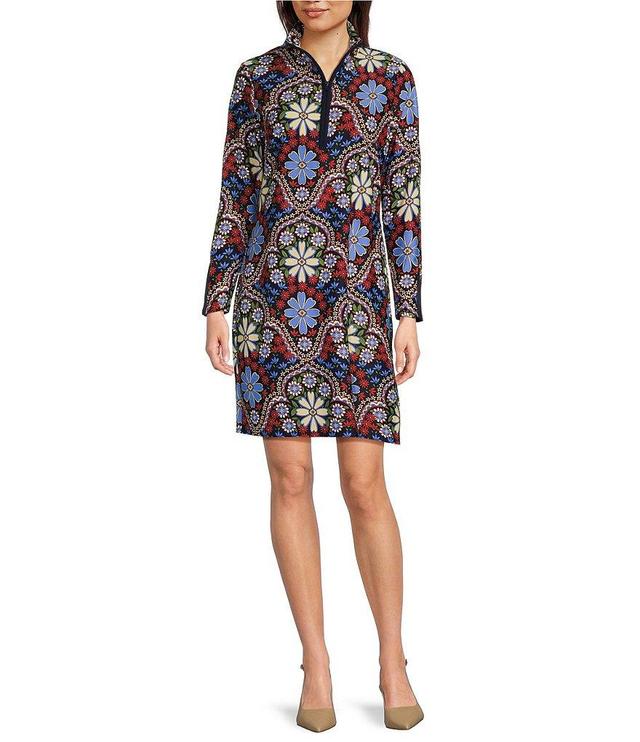 Jude Connally Anna Jude Cloth Stretch Knit Wrinkle-Free Felicity Floral Print High Stand Collar Long Sleeve Shift Dress Product Image