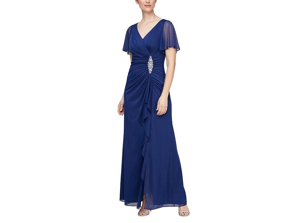 Alex Evenings Long Dress with Hip Embellishment and Flutter Sleeves (Electric ) Women's Dress Product Image