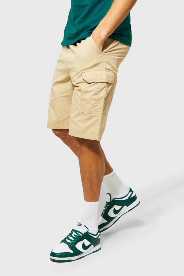 Mens Beige Tall Elastic Waist Cargo Shorts, Beige Product Image