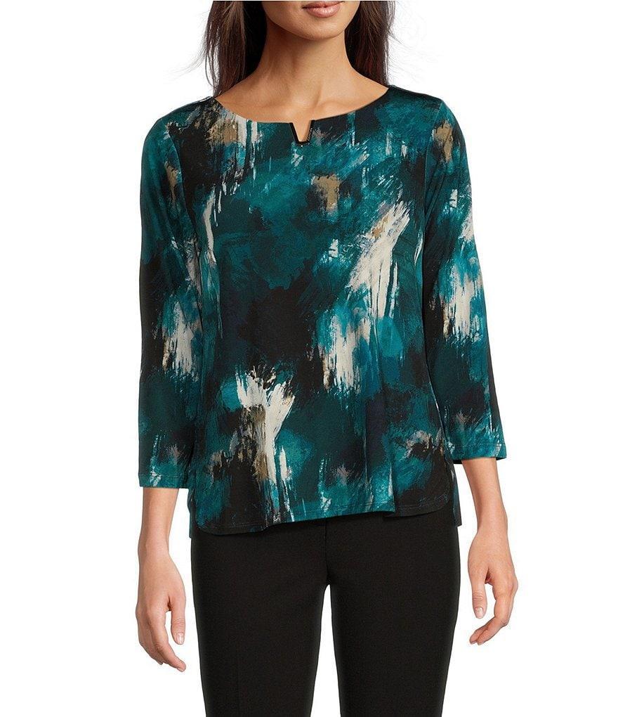 Calvin Klein Printed Knit Hardware V-Neck 3/4 Sleeve Top Product Image