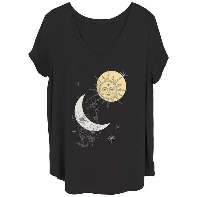 Juniors Plus Moon And Sun Flowers And Stars V-Neck Graphic Tee, Womens Product Image