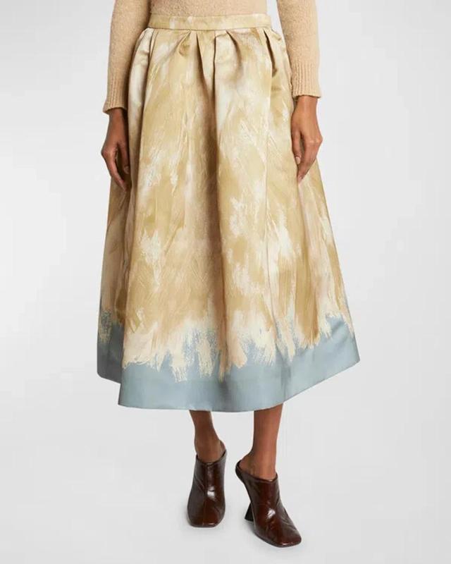 Pleated Printed Matte-satin Midi Skirt In Beige Product Image