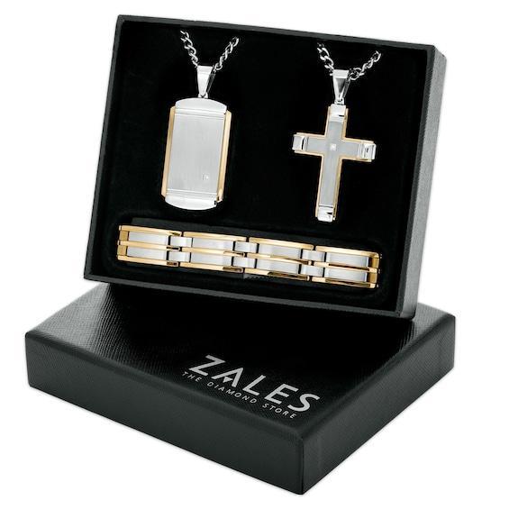 Men's Diamond Accent Layered Dog Tag and Cross Pendant with Link Bracelet Set in Stainless Steel and Yellow Ion-Plate Product Image