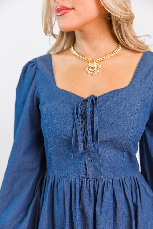 Up To Me Medium Wash Lace Up Detail Chambray Dress Product Image