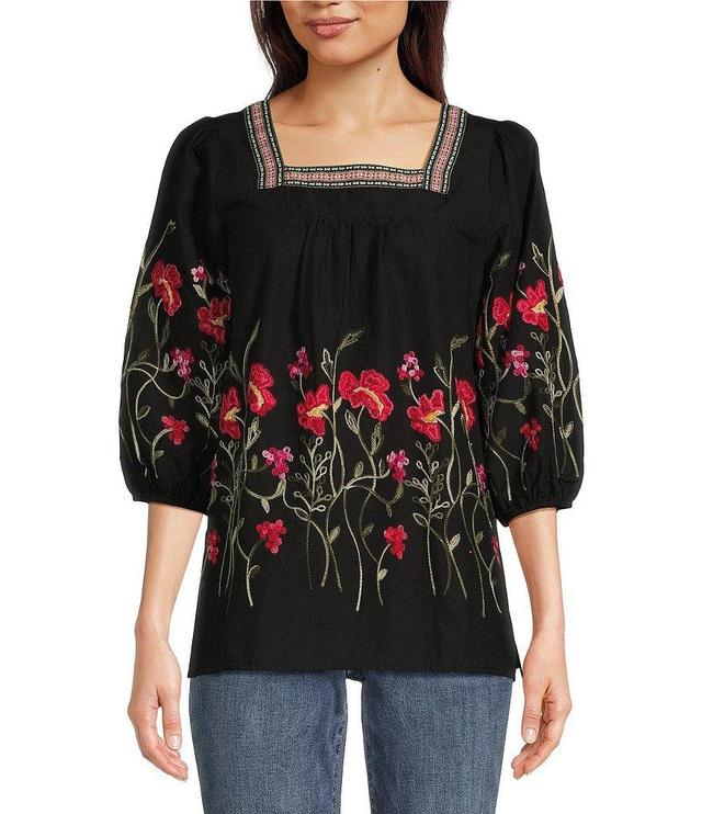 Calessa Petite Size Embroidered Floral Square Neck Bracelet Length Sleeve Tunic Product Image