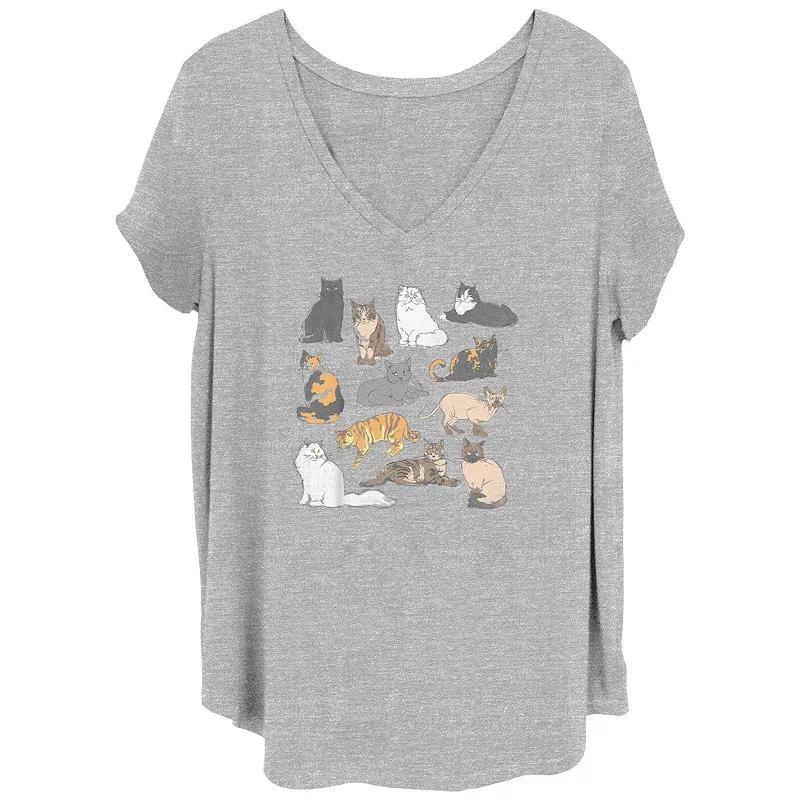 Juniors Plus Cats Jumble V-Neck Graphic Tee, Womens Grey Gray Product Image