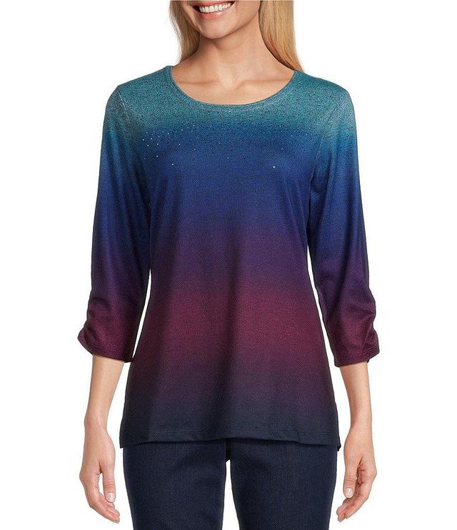 Allison Daley Ombre Print Embellished 3/4 Ruched Sleeve Crew Neck Abstract Tee Shirt Product Image