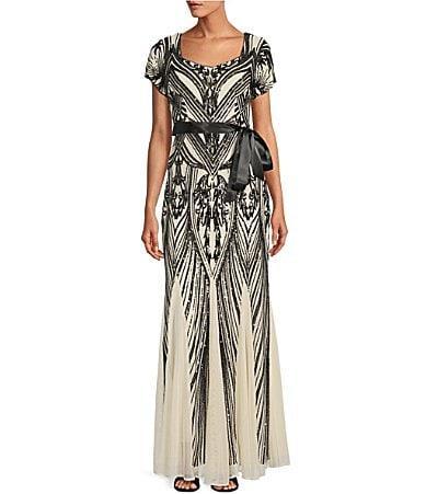 R  M Richards Short Sleeve Sweetheart Neck Embellished Sequin Panel Godet Dress Product Image