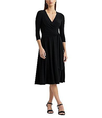 Lauren Ralph Lauren Carlyna Wrap Front V-Neck 34 Sleeve Jersey Machine Washable Midi Dress Product Image