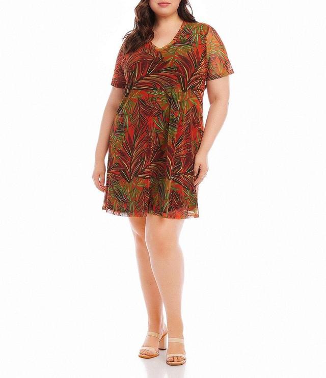 Karen Kane Plus Size Palm Print V-Neck Short Sleeve A-Line Mesh Dress Product Image