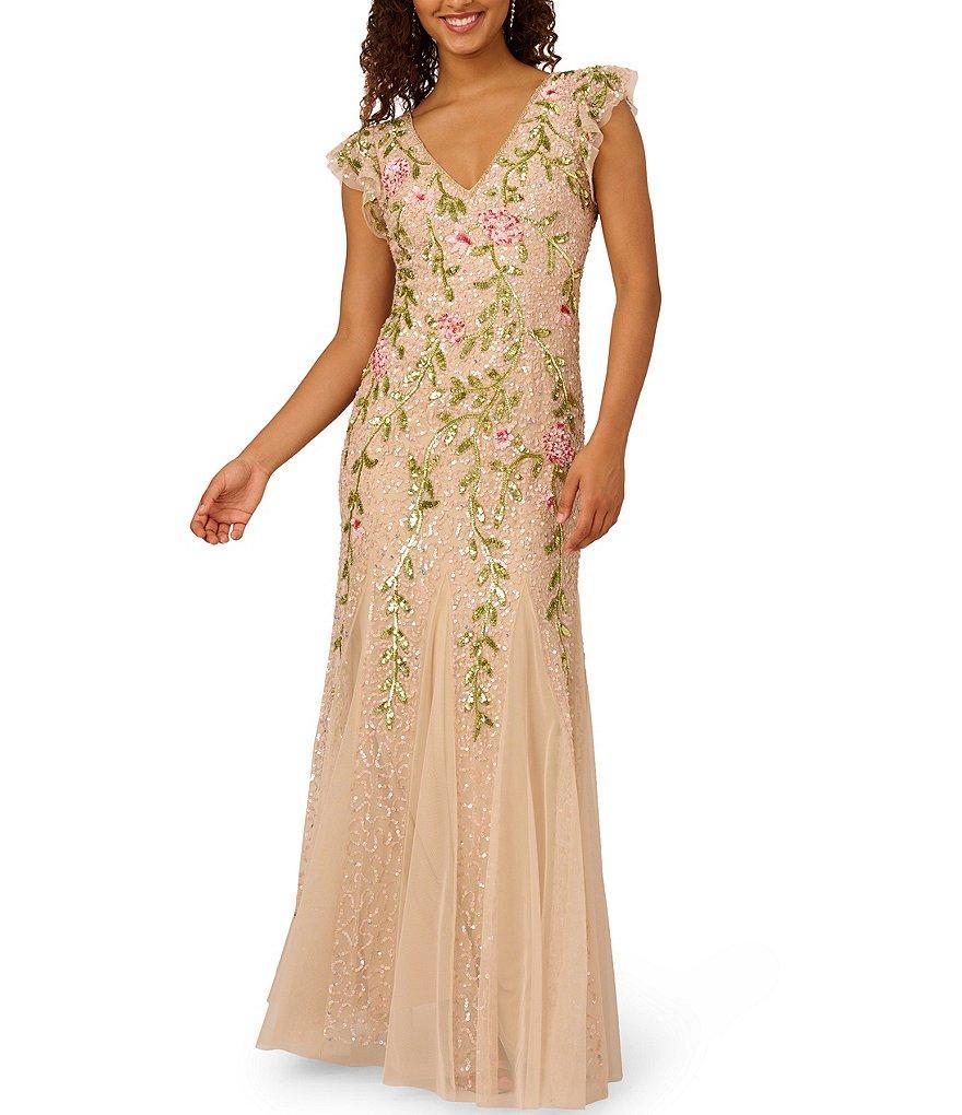 Adrianna Papell Floral Beaded Mesh V-Neck Flutter Sleeve Dress Product Image