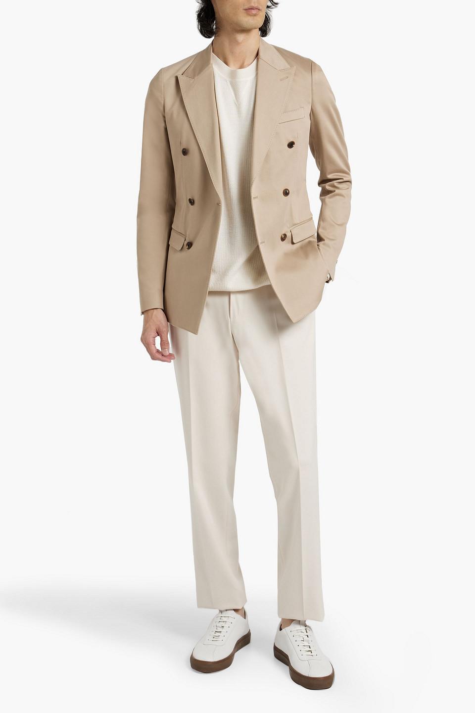 Double-breasted Cotton-blend Twill Blazer In Beige Product Image